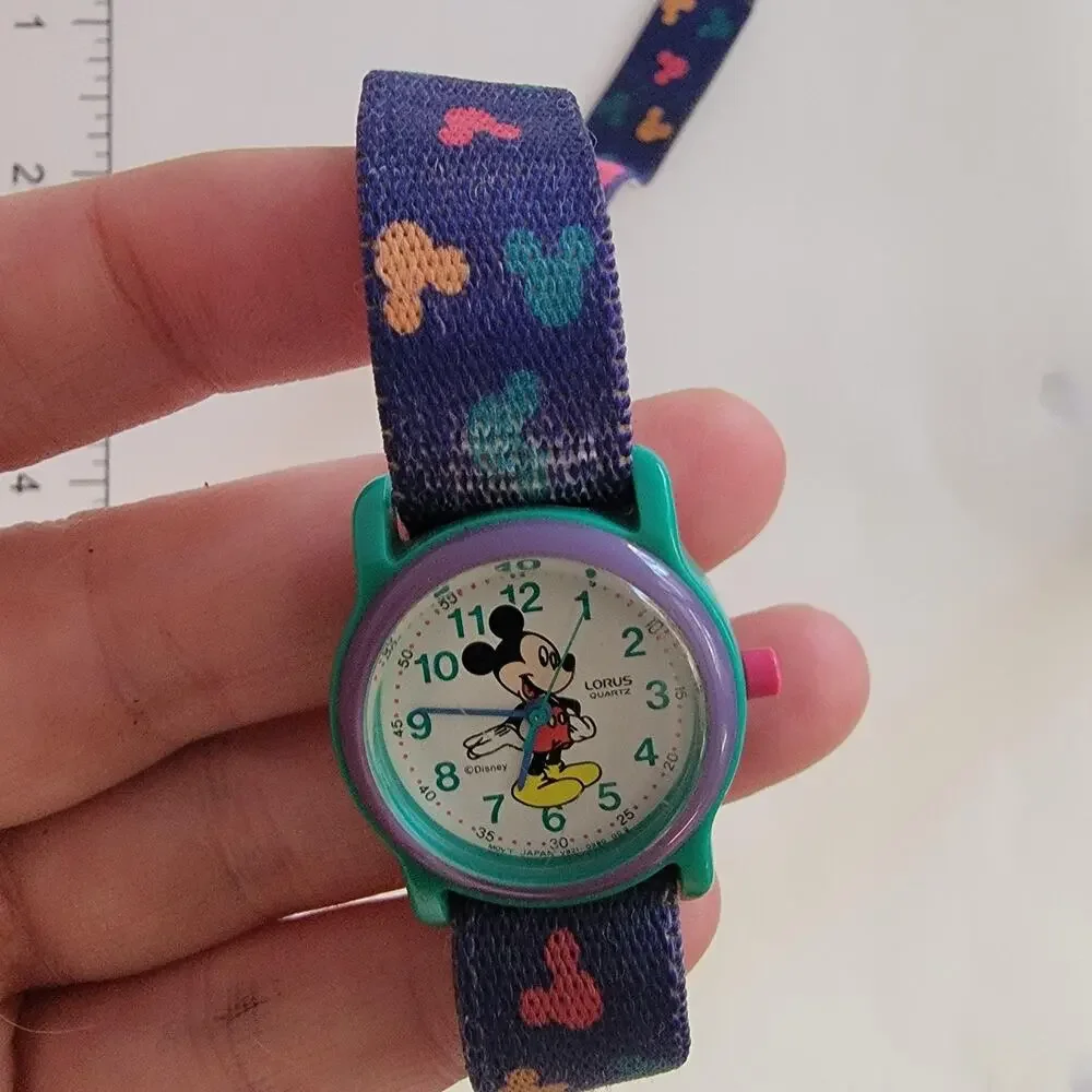 Lorus Mickey Mouse Girls Watch Green Case White Dial Blue Nylon Strap Quartz